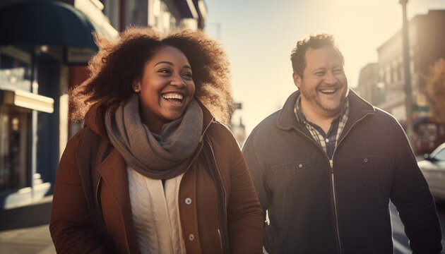 A Happy Diverse Couple Walking Outside On A Sunny Day