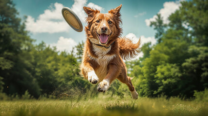 Dog catching a frisbee in a field, Nova Scotia duck tolling retriever breed - obrazy, fototapety, plakaty