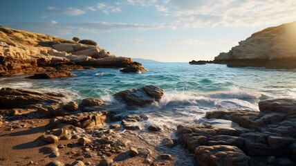 Fototapeta na wymiar Rocky outcrops framing Menorca's pristine beaches, offering a natural coastal masterpiece -Generative Ai