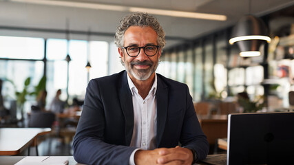 Smiling mature adult business man executive sitting at desk using laptop. Happy busy professional mid aged businessman ceo manager working on computer corporate technology in office