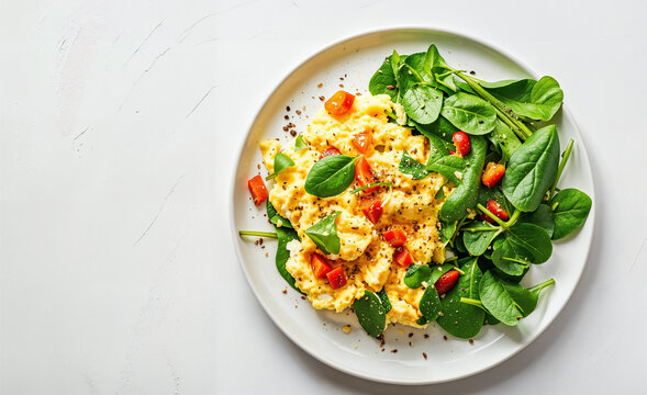 Delicious healthy breakfast of scrambled eggs and  fresh vegetable salad with tomato and spinach on a white plate with room for copy