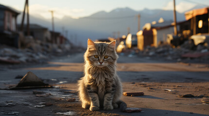 A homeless abandoned kitten sits on an empty street. - obrazy, fototapety, plakaty