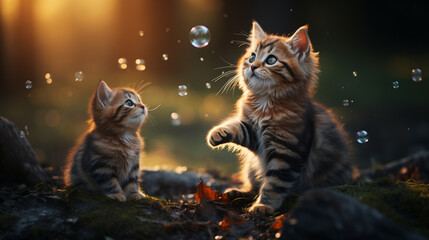 kittens playing with soap bubbles - obrazy, fototapety, plakaty