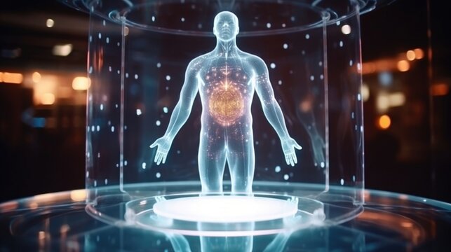 Closeup of a holographic display projecting a rotating model of the human body.