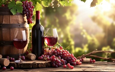 Bottle with glasses, red grapes and barrel in rural scene