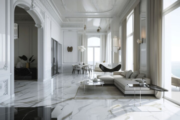 White minimalistic stylish penthouse apartment living room, couch with coffee table in a spacious space with big windows and marble floors and arch doorway . Copy space.