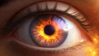 a close-up beautiful eye of a female person. burning glowing fire in the eye iris