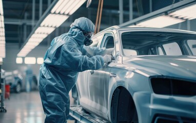 Worker painting a car