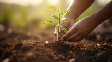 Closeup of a pair of hands planting a young tree, promoting reforestation efforts.