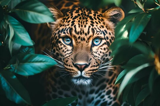 A leopard with striking blue eyes peering through green leaves.