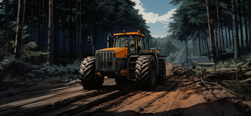 Obraz premium Traktor im Wald, Forstwirtschaft mit schweren Traktoren im Wald, Holzwirtschaft
