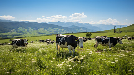 Cows eating lush grass on a green field in front of the mountain
