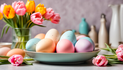 Obraz na płótnie Canvas Easter eggs in pastel colors, beautiful flowers in the kitchen