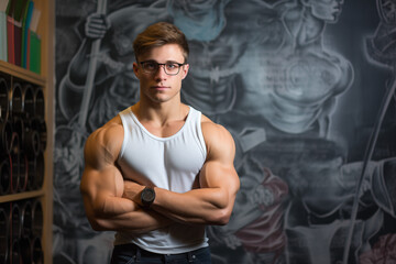 Fototapeta na wymiar Nerd Sportler, Junger Mann mit Brille vor einer Tafel mit sportlichen Zeichnungen, Sportlicher Student