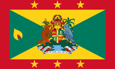 The official current flag and coat of arms of Grenada. State flag of Grenada texture. Illustration.