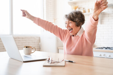 Cheerful happy overjoyed old elderly senior woman grandmother shouting celebrating winning money lottery, bidding in online casino, receiving good news using laptop at home kitchen - obrazy, fototapety, plakaty