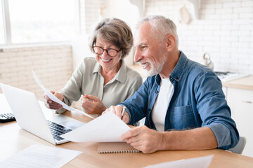 Smiling caucasian old elderly senior couple husband and wife using laptop and doing paperwork...