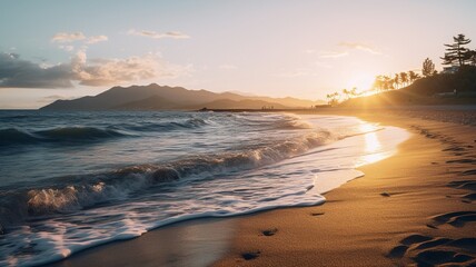Sunlight dancing on Hokkaido's sandy shores as waves gently caress the beach, showcasing exquisite natural beauty -Generative Ai