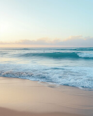 Fototapeta premium Minimalist seascape with soft waves meeting sandy shore, ideal for relaxation, travel and background use.
