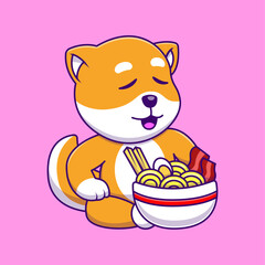 Cute Shiba Inu Eating ramen Cartoon Vector Icons Illustration. Flat Cartoon Concept. Suitable for any creative project.