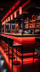 interior of a classic retro low light bar with high back chairs at night
