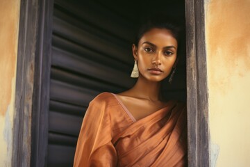 Fototapeta na wymiar indian model in orange dress posing for photoshoot Ai Generative