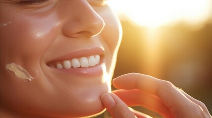 Closeup of a hand gently patting sunscreen onto a delicate face. - obrazy, fototapety, plakaty