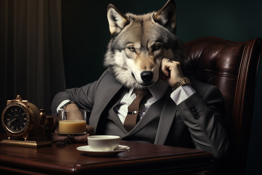 Portrait of a wolf in a business suit with a cup of coffee sitting at the table in a leather chair