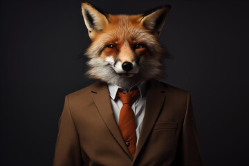 Obraz premium Portrait of a fox in a suit and tie on a dark background. Anthropomorphic animals concept.