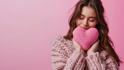 Portrait of a young beautiful, fashionable, romantic girl who has a big pink heart. Minimal Valentine's Day symbol of love - Powered by Adobe