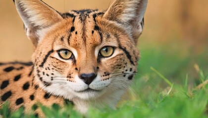 Fototapeta premium Beautiful big cat - Serval, close-up portrait on a blurred background, North Africa