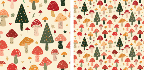Mushrooms Forest Nursery Seamless Pattern Vector Illustration Cottagecore Nature  - obrazy, fototapety, plakaty