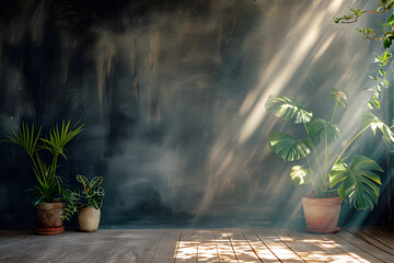 a black chalky wall and plants in pots with light and shadow - obrazy, fototapety, plakaty