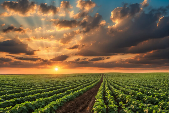 Enchanting landscape of a soybean plantation at dusk, under a sky adorned by intense clouds