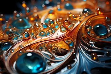 Molten copper and sapphire blue liquids swirling in a cosmic ballet
