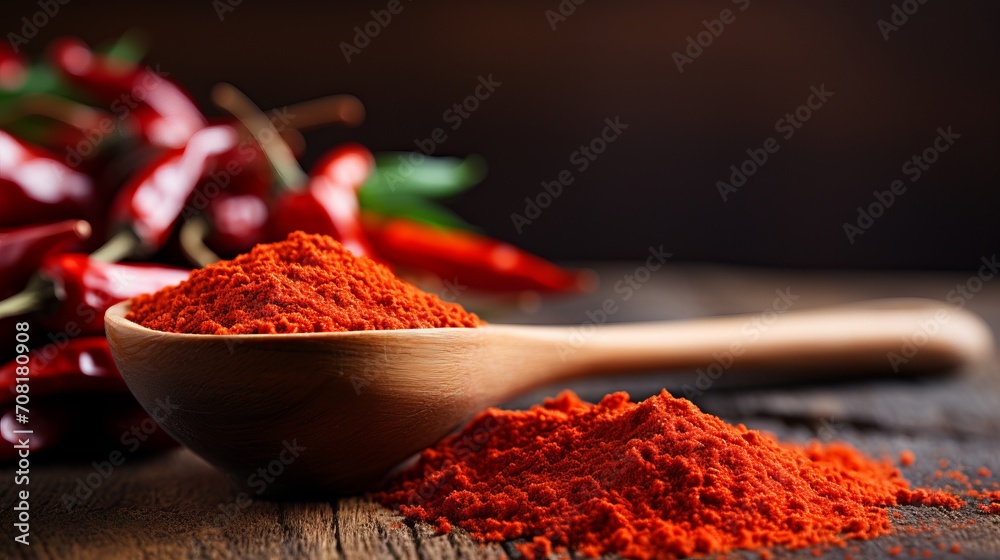 Wall mural vibrant paprika powder on wooden spoon with copy space banner for food and spice concepts