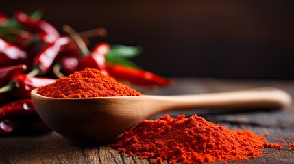 Vibrant paprika powder on wooden spoon with copy space banner for food and spice concepts - obrazy, fototapety, plakaty