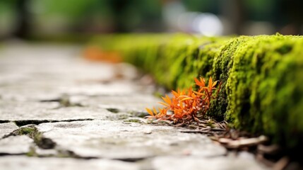 Vibrant orange moss grows in between the cracks of a concrete pathway, bringing life to the urban landscape.