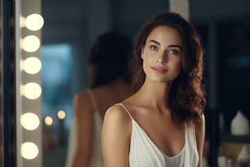 Portrait of graceful woman with her reflection in a mirror framed by warm vanity lights.For advertising campaigns, posters, banners in cosmetic stores, or at exhibitions.