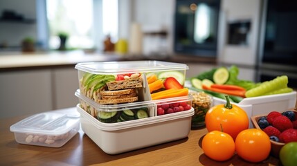 Detailed shot of a lunchbox with healthy snacks and balanced meals, symbolizing the effort put into maintaining worklife balance. - obrazy, fototapety, plakaty