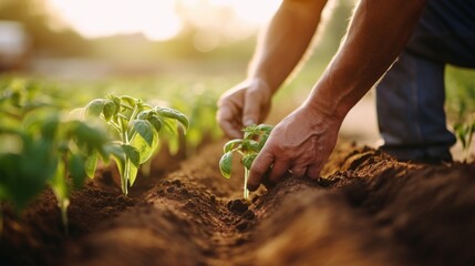 Fototapeta premium Closeup of a farmers hands tending to a row of vegetables, practicing notill farming to reduce soil erosion.