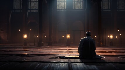 Muslim men praying in the middle of the night in the mosque, AI generated Image - obrazy, fototapety, plakaty