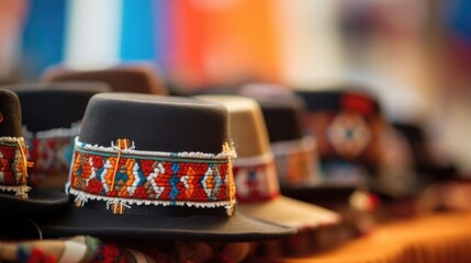 Closeup of a proud familys matching traditional hats, each adorned with a different symbol representing their heritage.