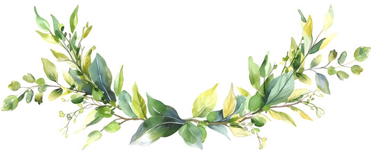 a watercolor wreath decorated with green leaves	

