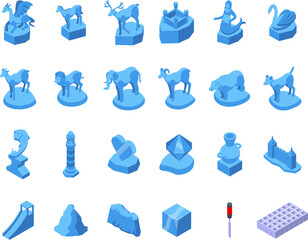 Ice sculpture icons set isometric vector. Animals mermaid. Medieval castle statue - obrazy, fototapety, plakaty