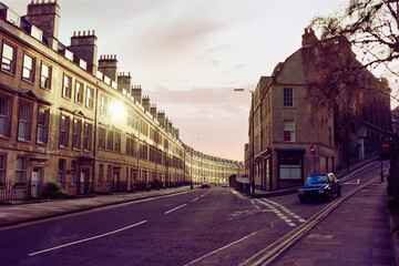 Grainy 1990 film photograph of row houses along the Paragon at Guiena Ave in historic Bath England....