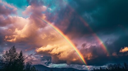 Fototapeta premium A vibrant rainbow appearing after a rainstorm, set against a backdrop of dark, moody clouds, representing hope and diversity in social justice.
