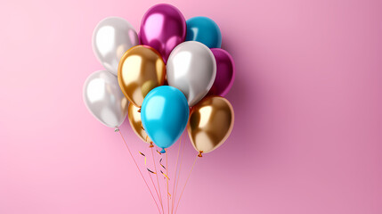 Holiday celebration background with balloons, golden sparkling confetti and ribbons