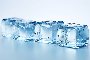 Melting ice cubes are in a row with drops around, close up