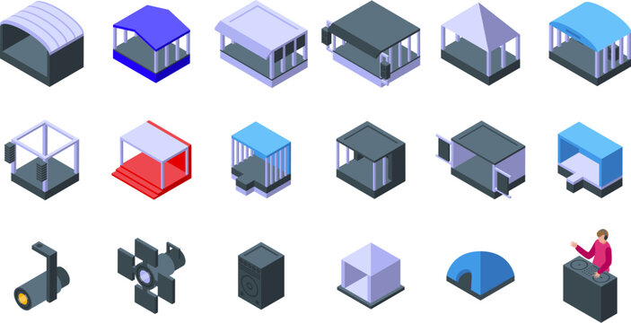 Outdoor music festival stage icons set isometric vector. Park concert. Air rock dance